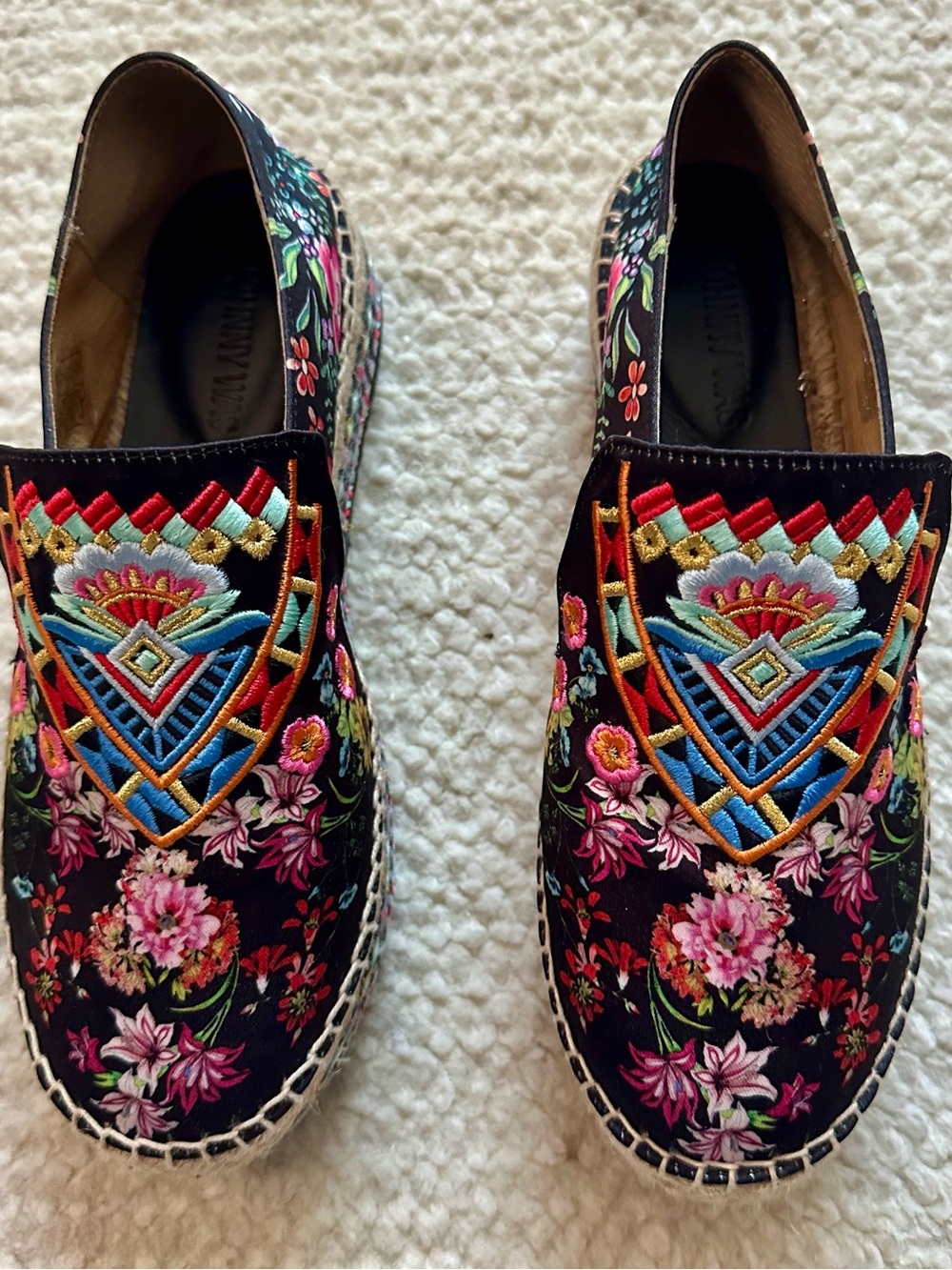 Johnny Was Joshua Embroidered Espadrilles Black/Multi Slip On Shoes Sz 37 NWOTB